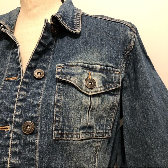 Contrast BLUE jean jacket long  button front SZ M vintage EUC pockets - Picture 2 of 7